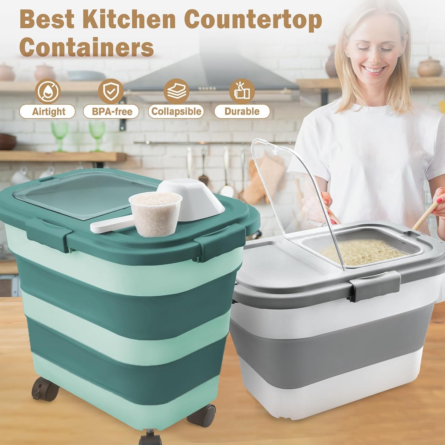 Komzon Rice Storage Container, Collapsible Airtight 10-40 Lb Rice Storage Container, 25lb Pet Dog Food Storage Container, Rice Dispenser Bin with Cup and Scoop for Flour Cereal Pasta Grain, Cat Bird