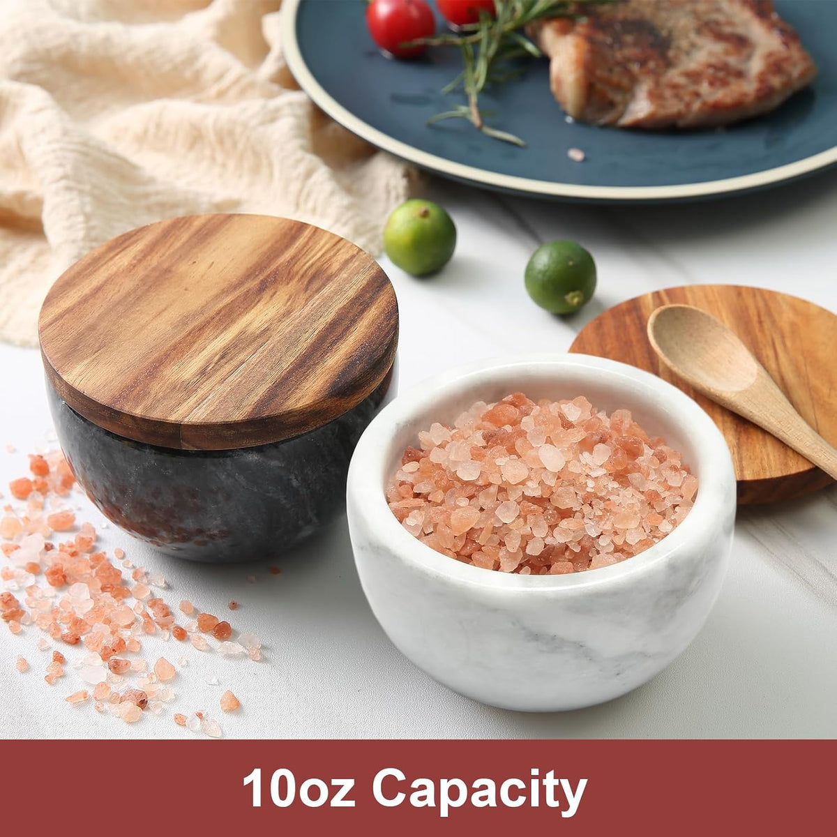 jalz jalz Acacia Wood Salt Cellar with white Marble Lid, 10oz Pinch Pot & Spoon