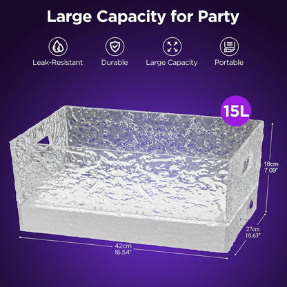 Plastic Ice Bucket for Parties, 15Liter / 4 Gallon Big Large Clear Beverage Tub for Champagne Beer Drink Wine Cocktails Bar, Hosting Party Essentials, LED Light Up, Rectangular, Leakproof