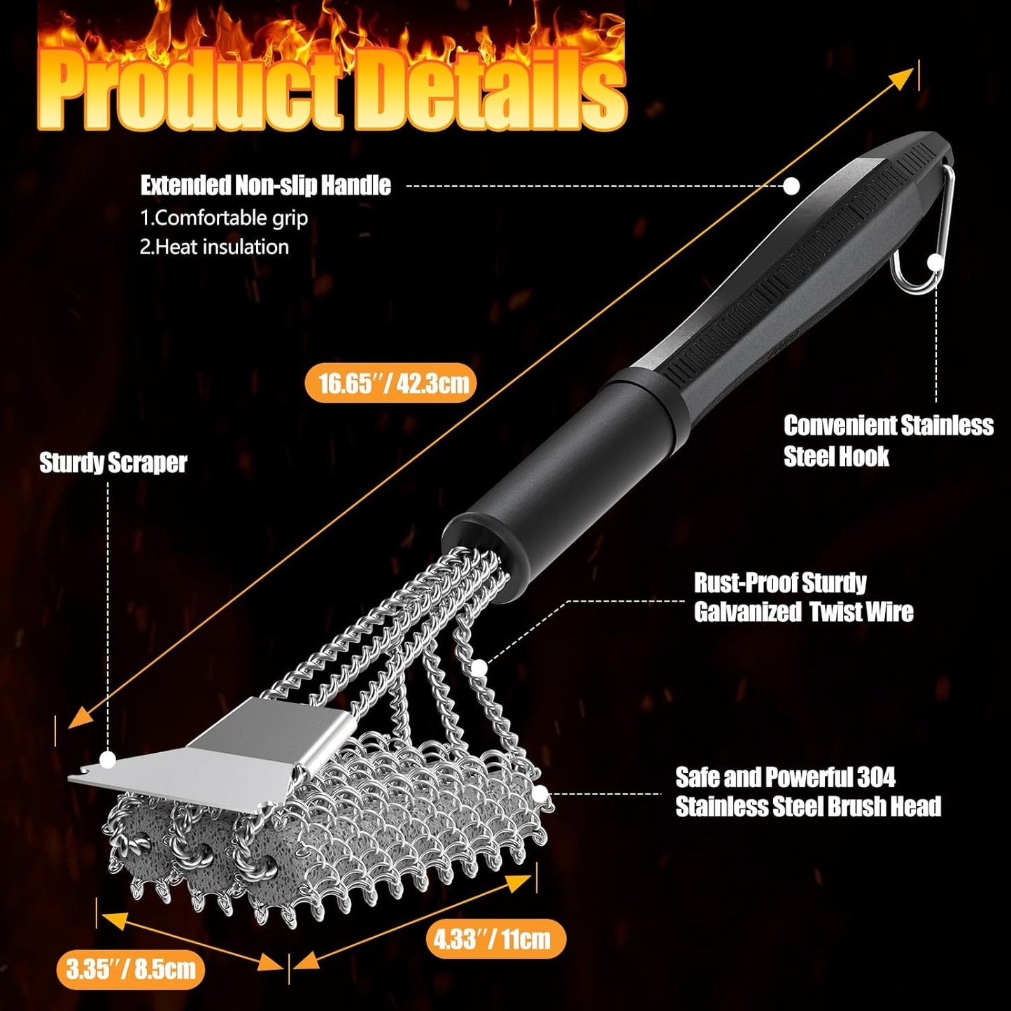 HOUSE AGAIN Grill Brush and Scraper Bristle Free, 304 Stainless Steel Brush Head Non Metal Bristles, Safe Steam Outdoor Grill Cleaning BBQ Grill Accessories for Smoker/Porcelain/Weber Gas/Charcoal