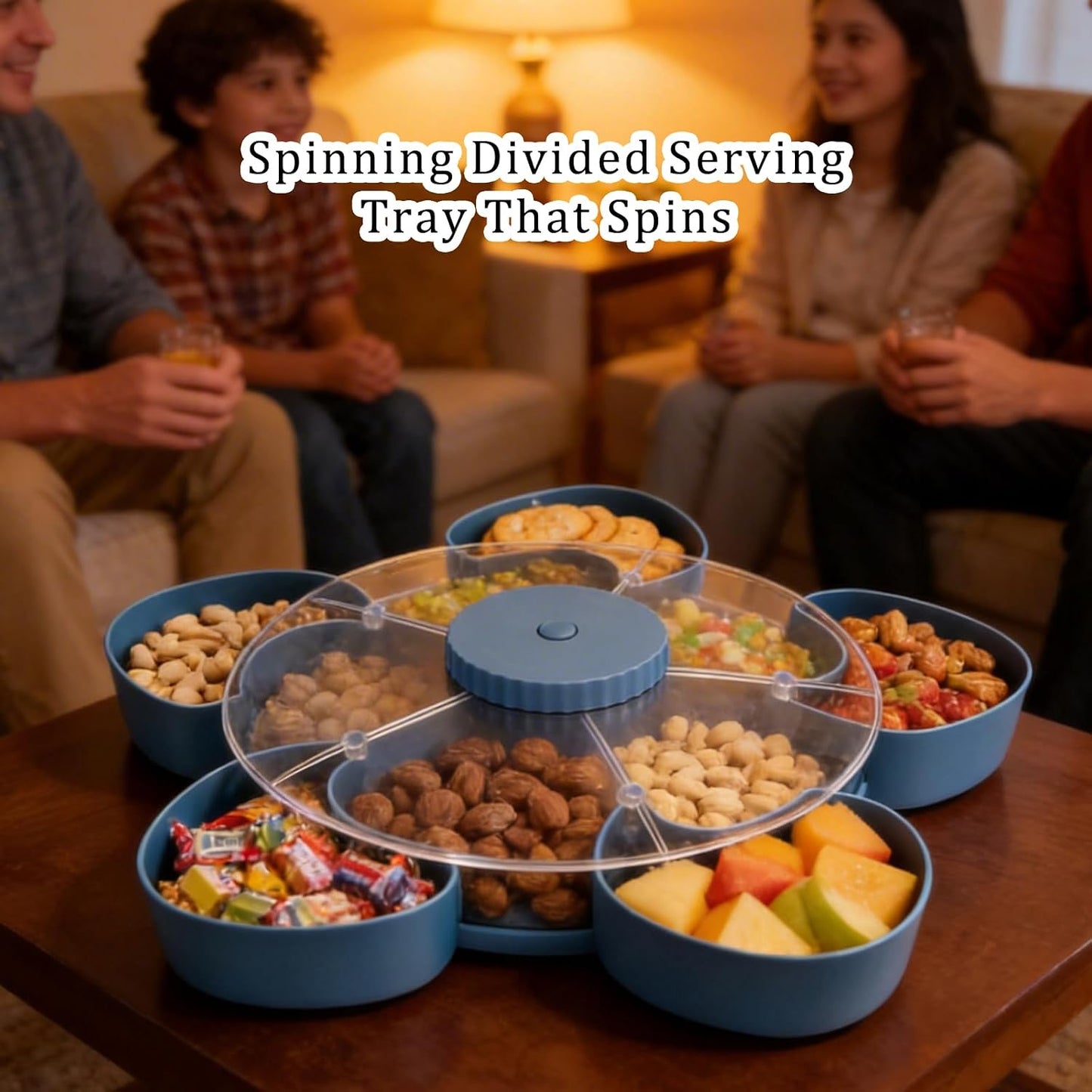 Spinning Divided Serving Tray that Spins, Swivel Spinning Rotating Snack Tray, Divided Spin and Snack Trays, Spin-to-Open Multi-Compartment Food Organizer Snack Box Spinner (1)