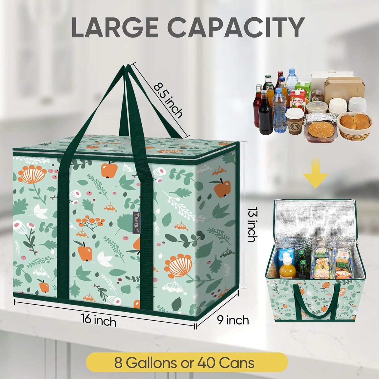BALEINE 2Pk Insulated Reusable Grocery Bags, Collapsible Cooler Bag for Groceries, Heavy Duty Large Insulated Bag (16''x9''x13'', Antique Foliage)
