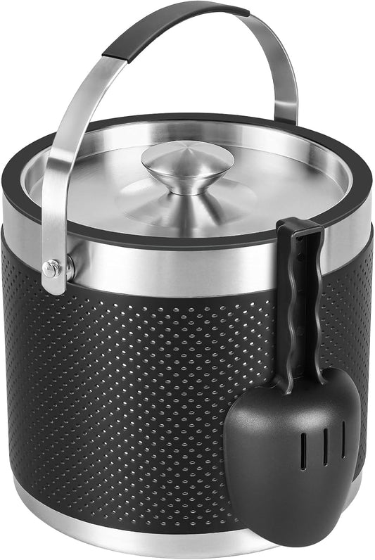 3.2L Double Wall Stainless Steel Ice Bucket with Lid,Scoop, Updated Insulated Ice Bucket for Cocktail Bar and Parties