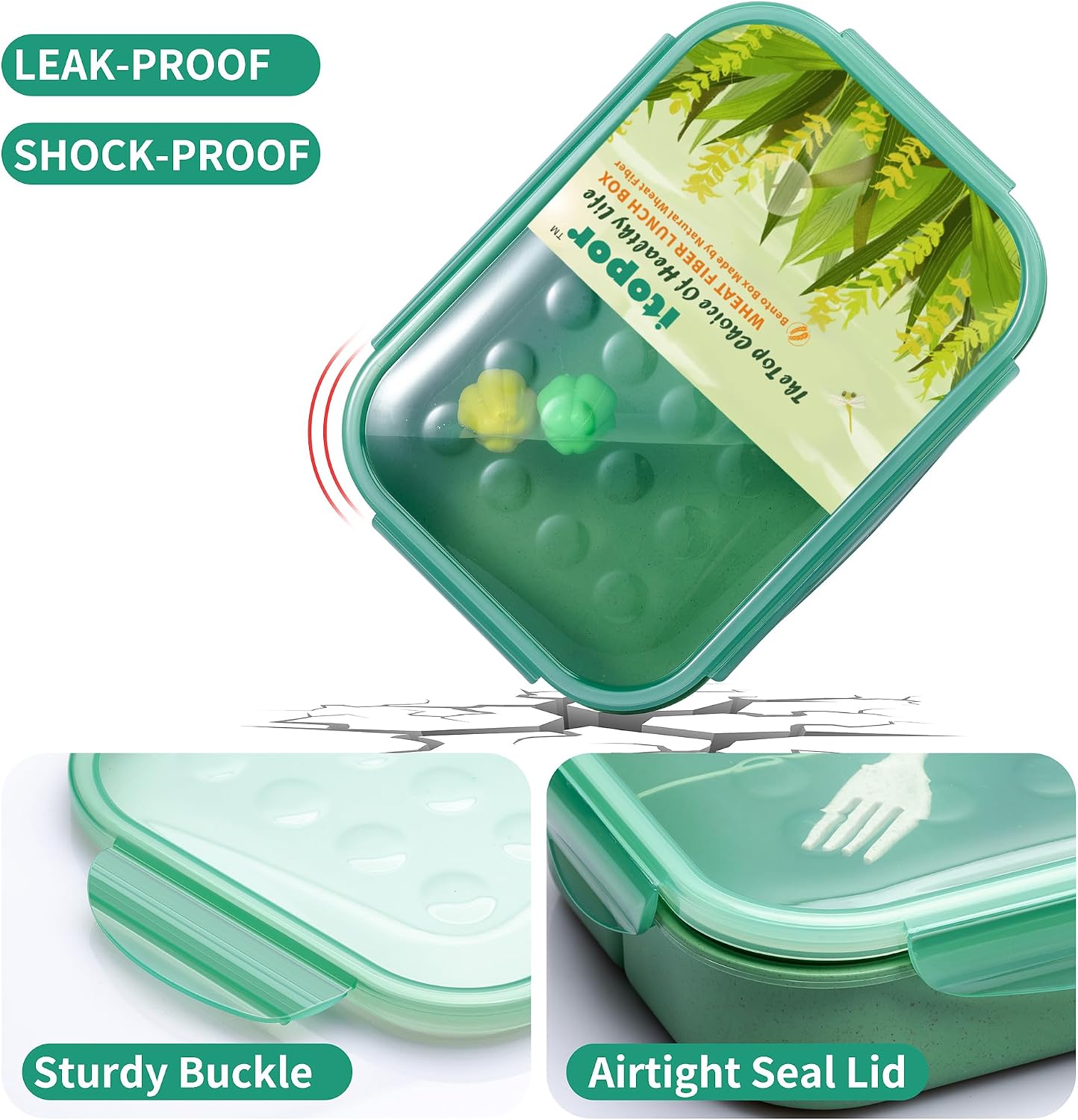 Itopor Classic Wheat Straw Bento Box, Leak-Proof 3-Compartment Lunch Box for Adults & Older Kids, BPA-Free Meal Prep Food Container with Fork, Microwave & Dishwasher Safe, 5.5 Cup, Sage Green