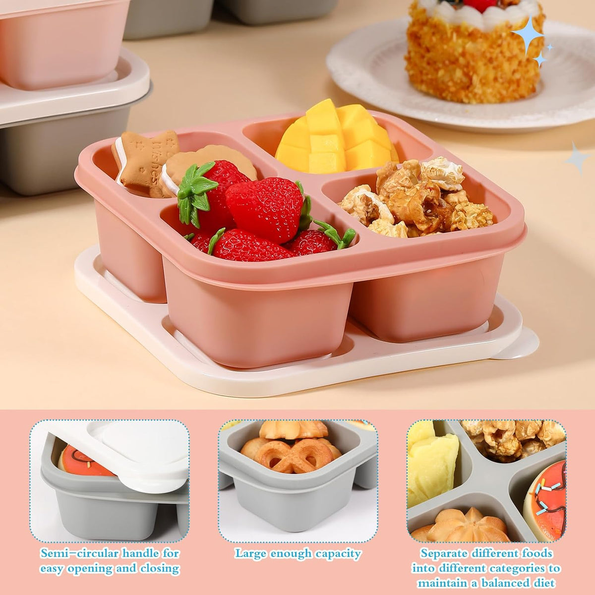 Honeydak 10 Pack Bento Snack Containers 4 Compartment Snack Boxes Reusable Containers with Lids Divided Meal Prep Lunch Food Storage Box for School Work Travel