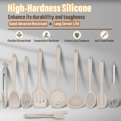 E-far Silicone Cooking Utensils Set, 7-Piece Black Heat Resistant Kitchen Utensils Set, Kitchen Nonstick Tools Spatula Ladle Spoon Pasta Server for Non-stick Cookware, Non-Toxic & Dishwasher safe