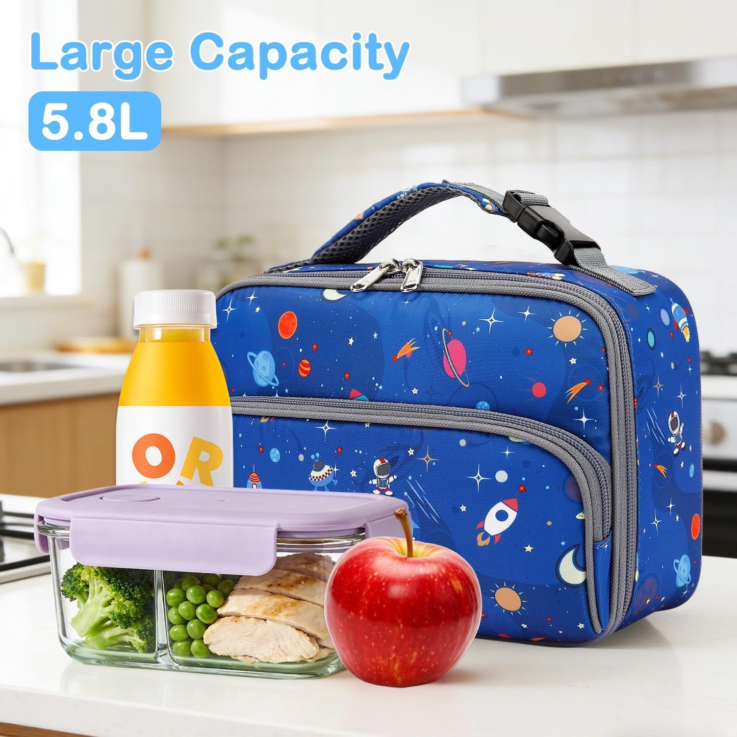 FlowFly Kids Lunch box Insulated Soft Bag Mini Cooler Back to School Thermal Meal Tote Kit for Girls, Boys, Astronaut - Colors B