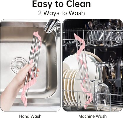 Tomorotec Foldable Stainless Steel Triangle Roll-Up Dish Drying Rack for Small Sink Corners - Over-The-Sink Multipurpose Kitchen Drainer, Rustproof Organizer, Trivet and Shelf - Space-Saving (Black)