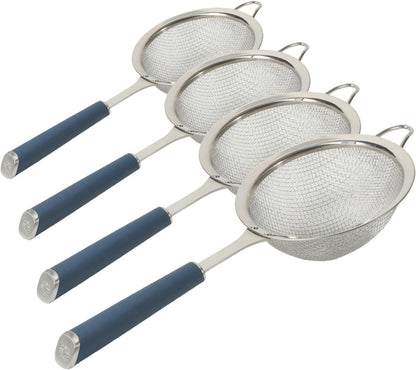 Calphalon Prime Edge 5-Inch Stainless Steel Strainer, Fine Mesh Kitchen Colander Strainer with Thermoplastic Rubber Handle, Sifter for Rinsing, Draining & Straining Food, Navy