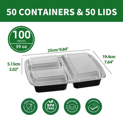 Meal Prep Containers 50 Pack - 39oz 3-Compartment Disposable Take Out Food Storage Containers with Leakproof Lids, BPA Free Plastic To Go Lunch Boxes, Microwave/Dishwasher/Freezer Safe