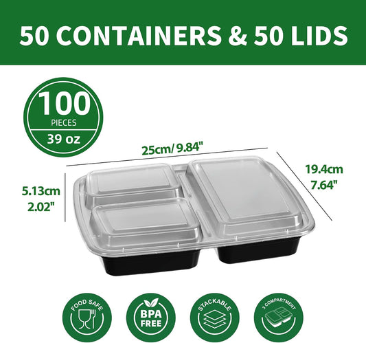 Meal Prep Containers 50 Pack - 39oz 3-Compartment Disposable Take Out Food Storage Containers with Leakproof Lids, BPA Free Plastic To Go Lunch Boxes, Microwave/Dishwasher/Freezer Safe