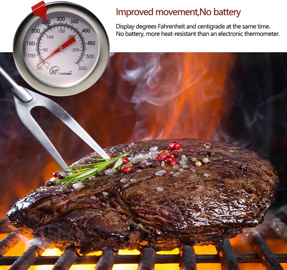 KT THERMO Candy/Deep Fry Thermometer with Instant Read,Dial Thermometer,12" Stainless Steel Stem Meat Cooking Thermometer,Best for Turkey,BBQ,Grill,Analog display