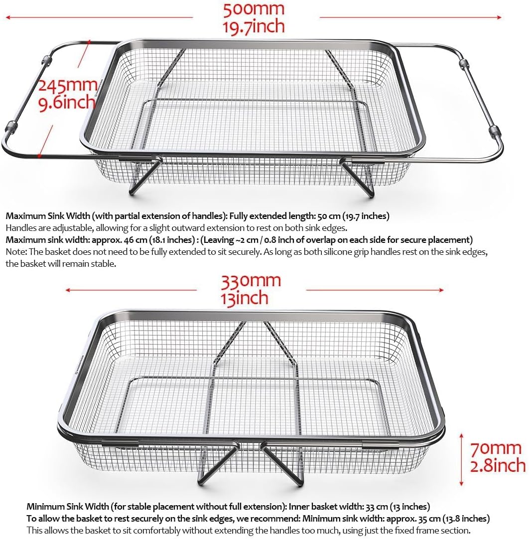 WAGENSTEIGER Extendable Dish Rack with Feet, Vegetable Colander Basket, Stainless Steel Dish or Silverware Drying Rack, Ultimate Kitchen Organizer Over the Sink (11.81 x 8.27 x 2.76 Inches)