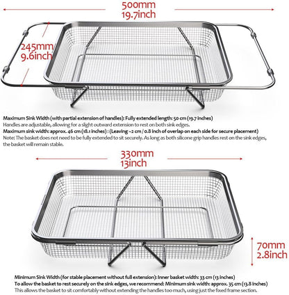WAGENSTEIGER Extendable Dish Rack with Feet, Vegetable Colander Basket, Stainless Steel Dish or Silverware Drying Rack, Ultimate Kitchen Organizer Over the Sink (11.81 x 8.27 x 2.76 Inches)