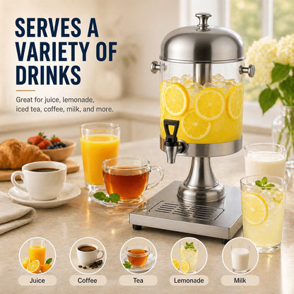 4.4 Gallon Beverage Dispenser with Ice Core | Stainless steel drink dispenser with stand and ice core for cold drinks, juice, lemonade, iced tea, parties, and events.