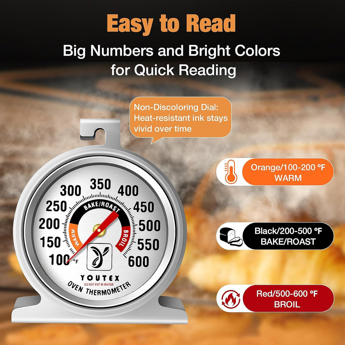 2-Pack Oven Thermometer, Upgraded 100-600°F No-Holes Non-Discoloring Easy-to-Clean for Healthier Cooking, Easy-to-Read with Large Bright Numbers for Gas & Electric Ovens, Grills, and Smokers