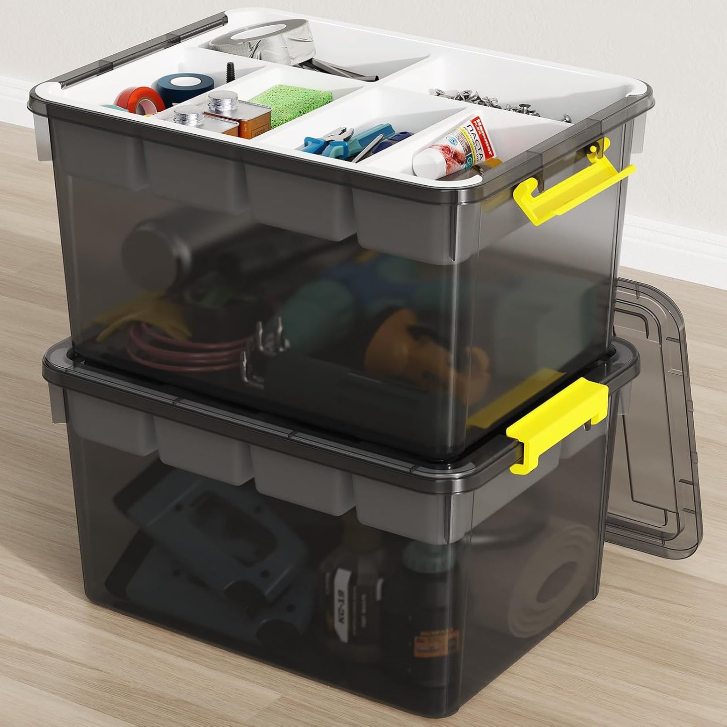 40Qt Stackable Storage Bins with Lids & Trays, Clear Plastic Latching Boxes Organizers with Dividers Portable 10Gal Containers for Arts & Crafts, Home and Car Trunk Organization, 2Pack