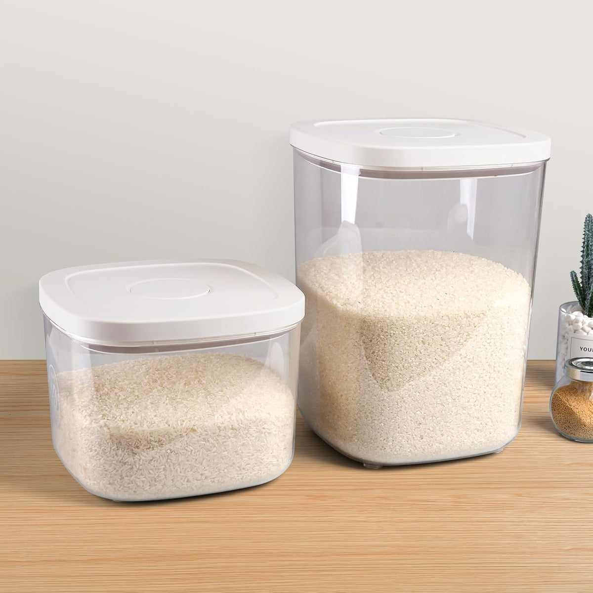 TBMax Large Airtight Food Container 5.28 Qt with Pop Up Lid & Measuring Cup, Ideal for 10 Lbs of Rice or 7 Lbs of Flour, Square Short Food Storage Bin for Kitchen Pantry and Drawer Organization