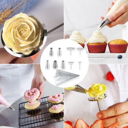 Cake Decorating Tool Kit, 7pcs Stainless Steel Icing Piping Nozzle Tips, 4pcs Cake Flower Nail and 1 Flower Lifters for Cake Fondant Cupcake