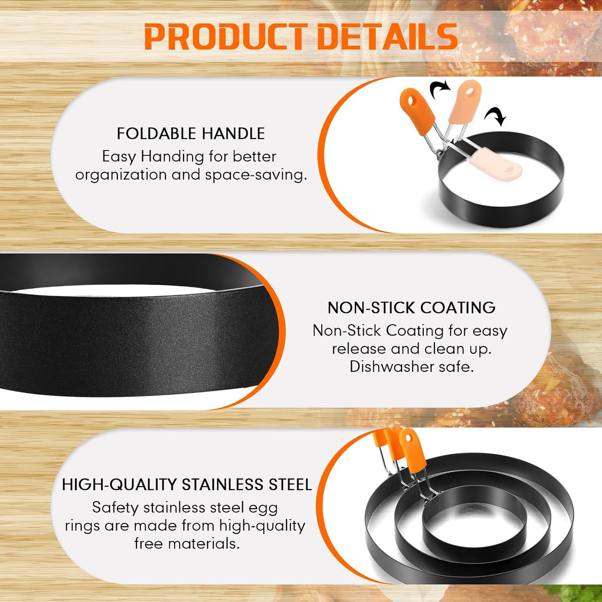 Patelai 6 Pcs Egg Rings Griddle Pancake Molds, Round Style, 4, 6, 8 Inch