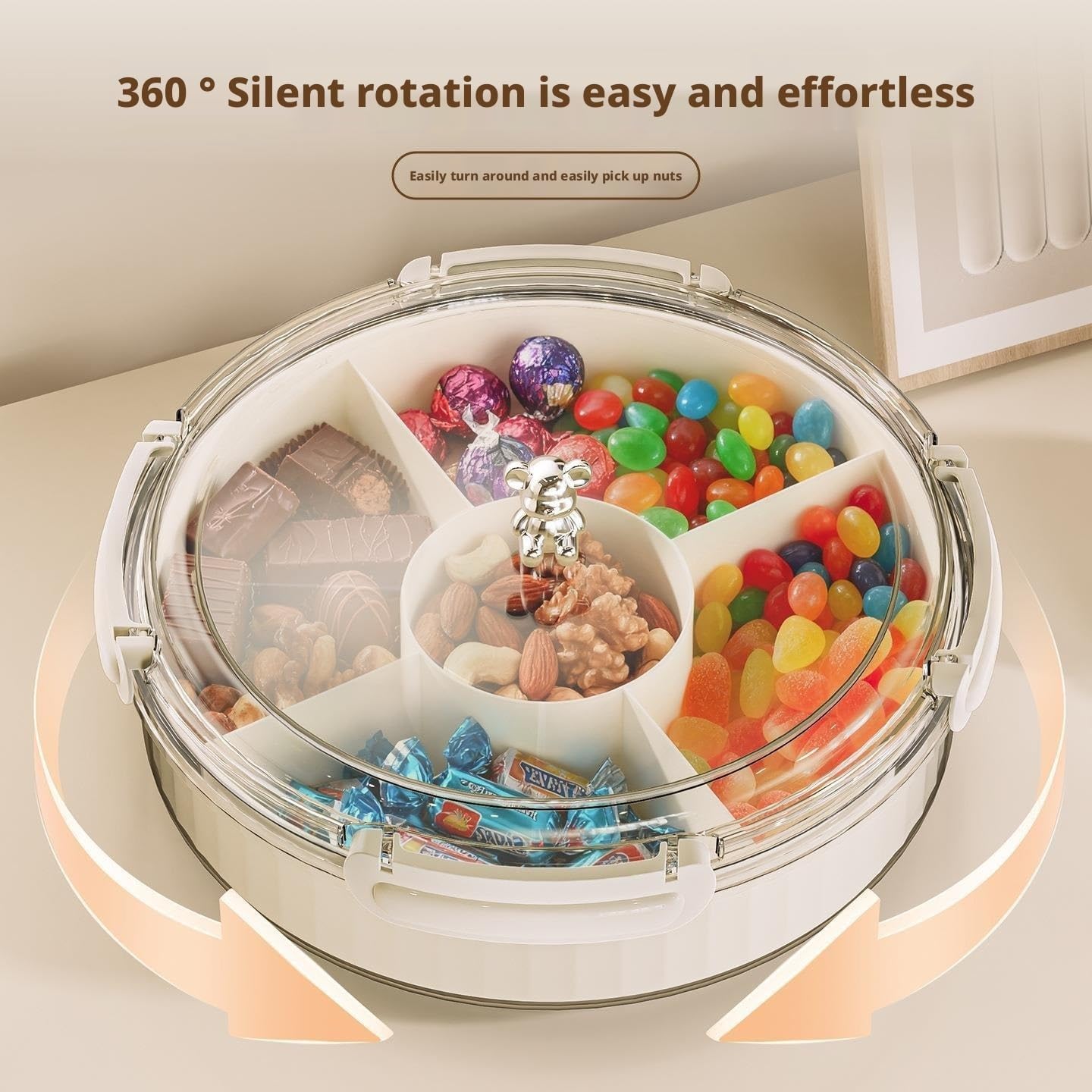 Rotating Snack Organizer with Lid,Accessible Luxury and High-End Snacks, Melon Seeds, Candies, Dried Fruits and Nuts Plate, Living Room Coffee Table, High-Looking Fruit Plate (Cream)