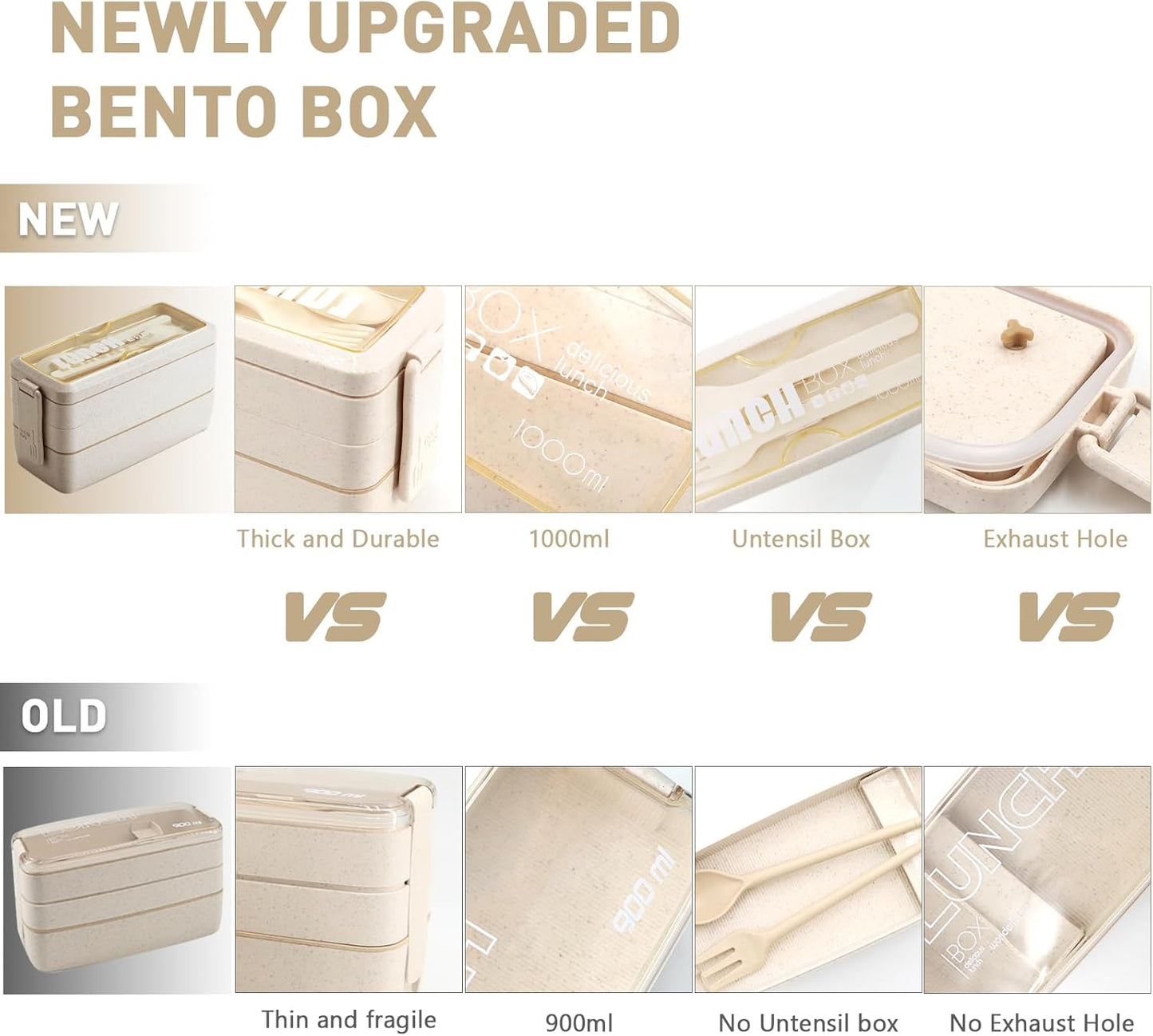 Bento Box Japanese Lunch Box Kit Leakproof Bento Lunch Box for Kids Adults Wheat Straw 3 Layer Stackable Lunch Containers with Compartment Eco-Friendly Meal Prep Containers (Beige)