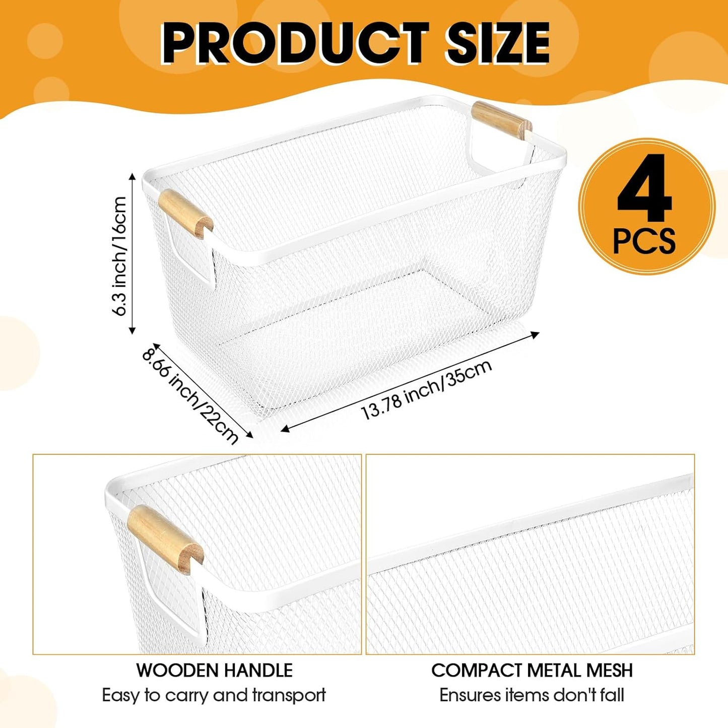 Ziliny 4 Pcs Metal Mesh Wire Baskets with Wooden Handles for Organizing, Pantry Organizers and Storage Steel Bin Kitchen Baskets for Fruit Potato Onion Snacks Bathroom Cabinet(Medium,Cream White)