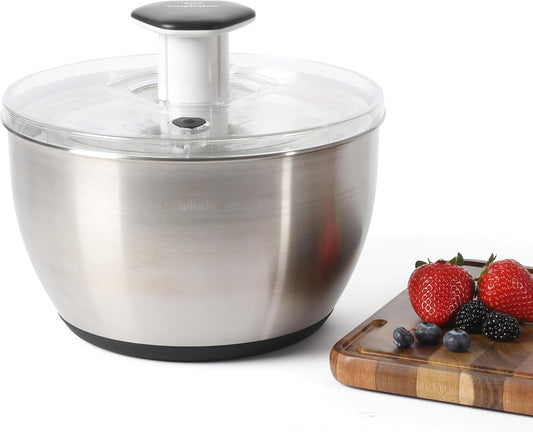Calphalon Aero 6.3-Qt Stainless Steel Salad Spinner, Fruit & Vegetable Washer Bowl with Strainer Basket for Washing Lettuce, Spinach, Herbs & Fresh Produce