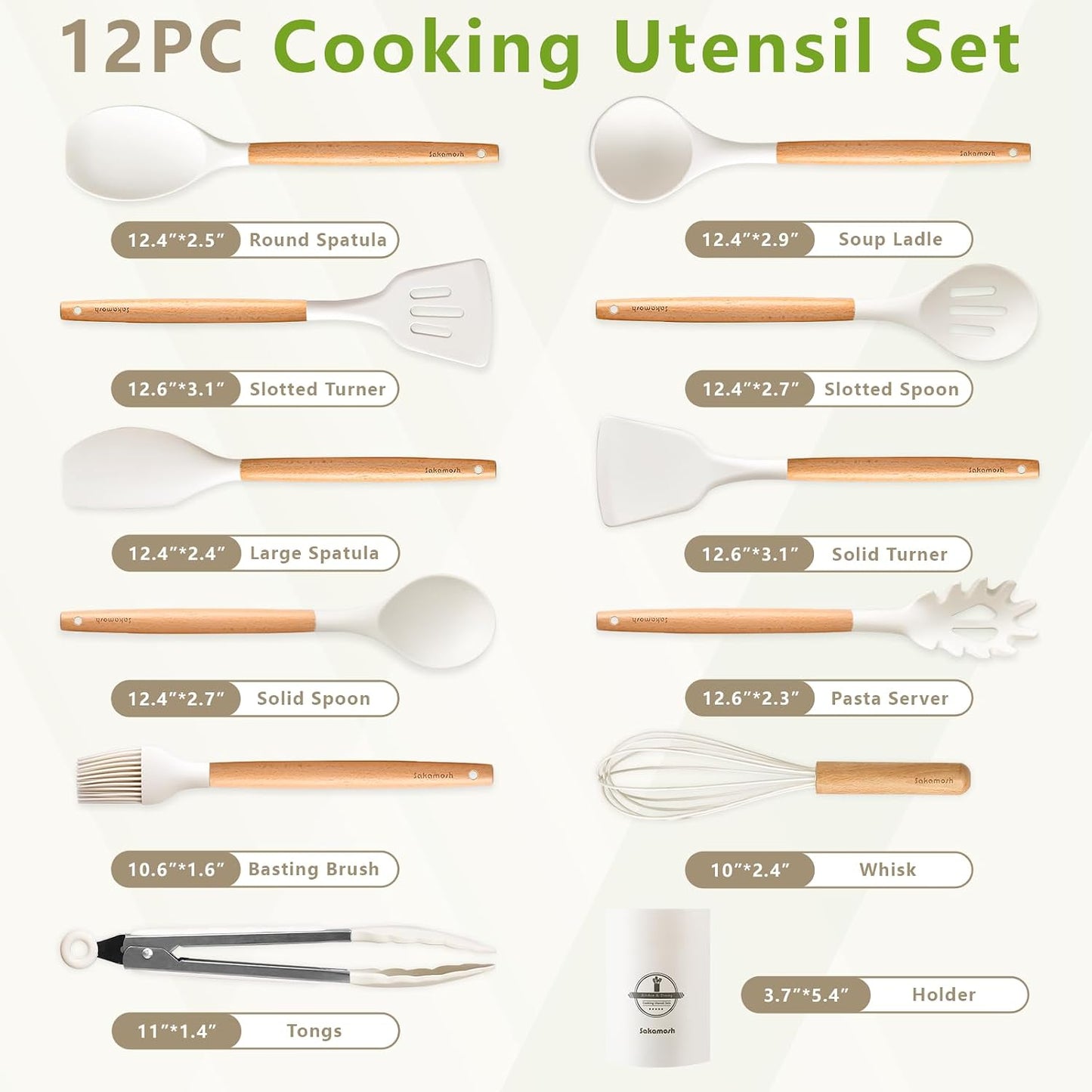 SAKAMOSH Silicone Cooking Utensils Set with Holder, 12 Pcs Heat Resistant Kitchen Utensils Set with Wooden Handle, BPA-free Spatula, Tongs, Spoons Set for Nonstick Cookware, Black
