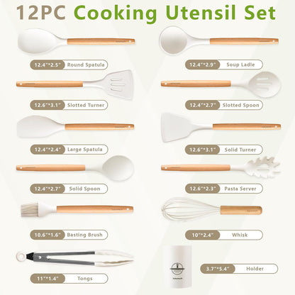SAKAMOSH Silicone Cooking Utensils Set with Holder, 12 Pcs Heat Resistant Kitchen Utensils Set with Wooden Handle, BPA-free Spatula, Tongs, Spoons Set for Nonstick Cookware, Black