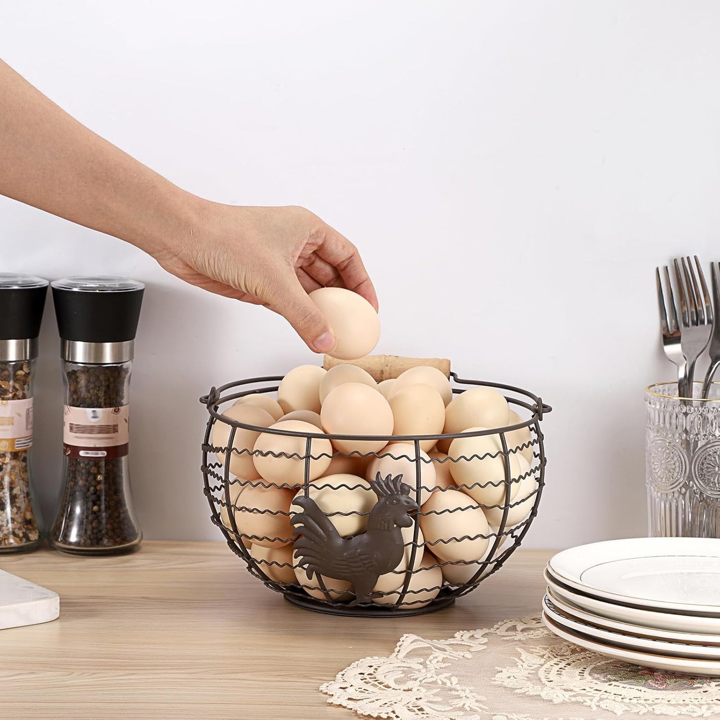 3 PCS 8’’ Farmhouse Egg Collecting Basket with Wood Handle, Rustic Metal Wire Chicken Eggs Holder Basket for Countertop Kitchen, Wire Egg Basket Vintage Style, Round, Rooster Pattern