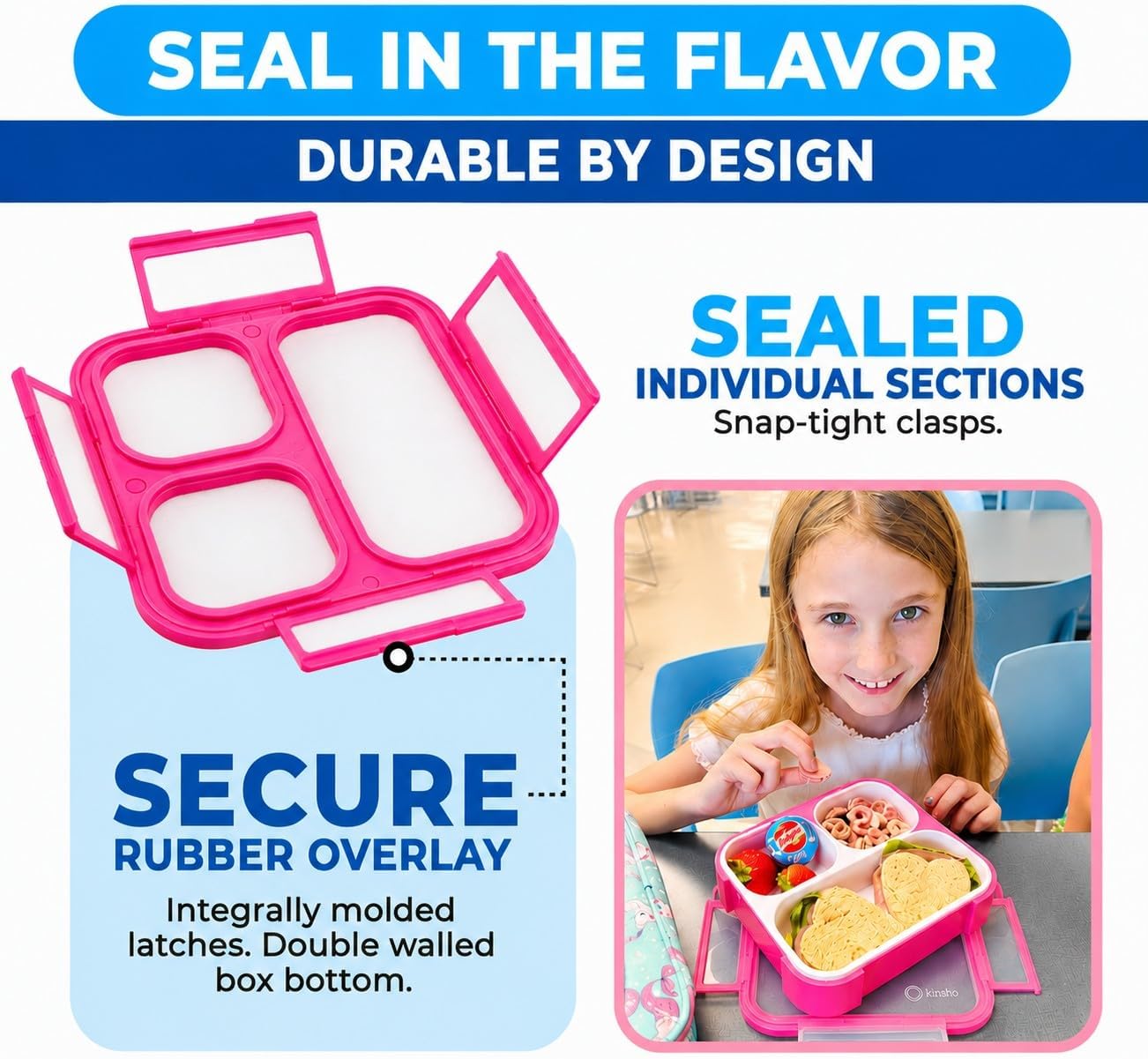kinsho Medium Bento Boxes for Kids, Lunch Box for Boys Girls Toddler Adults, Leak-Proof 3 Compartment Containers for Meal or Snack at School Daycare Work Travel, BPA Free 2 Pack (Pastel Blue + Pink)