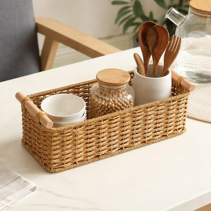 Handwoven Storage Basket Decorative Basket Rectangular with Handles Organizer for Living Room Toilet Pantry Bookcase Cabinet, Style B