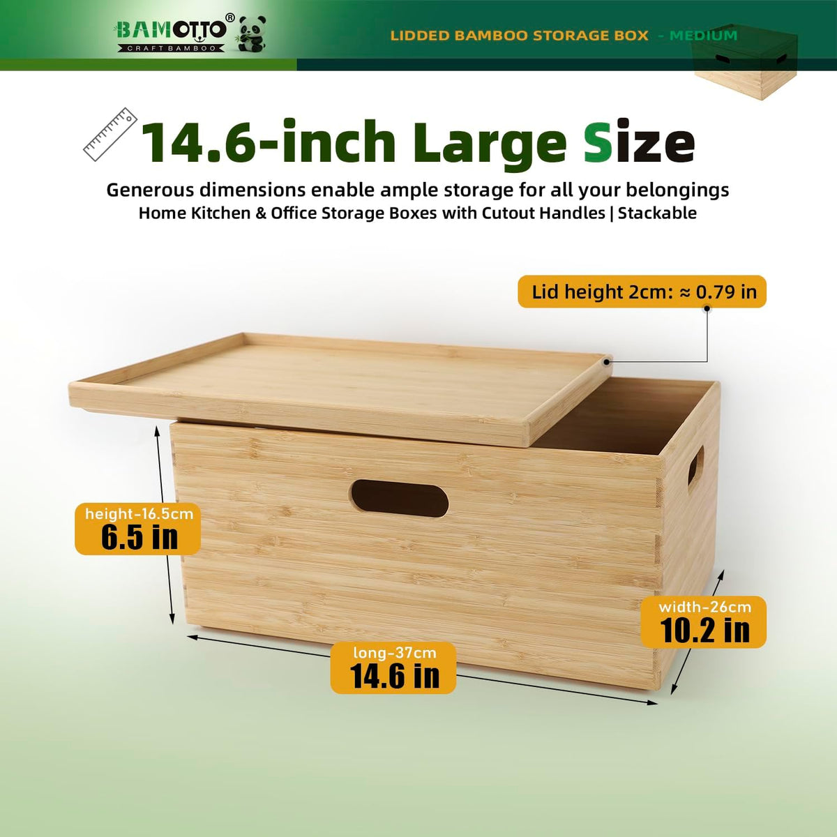 BAMOTTO CRAFTBAMBOO 2-Piece Large Bamboo Storage Box Set - 7.1in High Stackable Deep-Drawer Organizer, Lidless Bin for Kitchen Cutlery Utensils, Home & Office (14.6"x10.2"x7.1"+14.6"x10.2"x3.1")