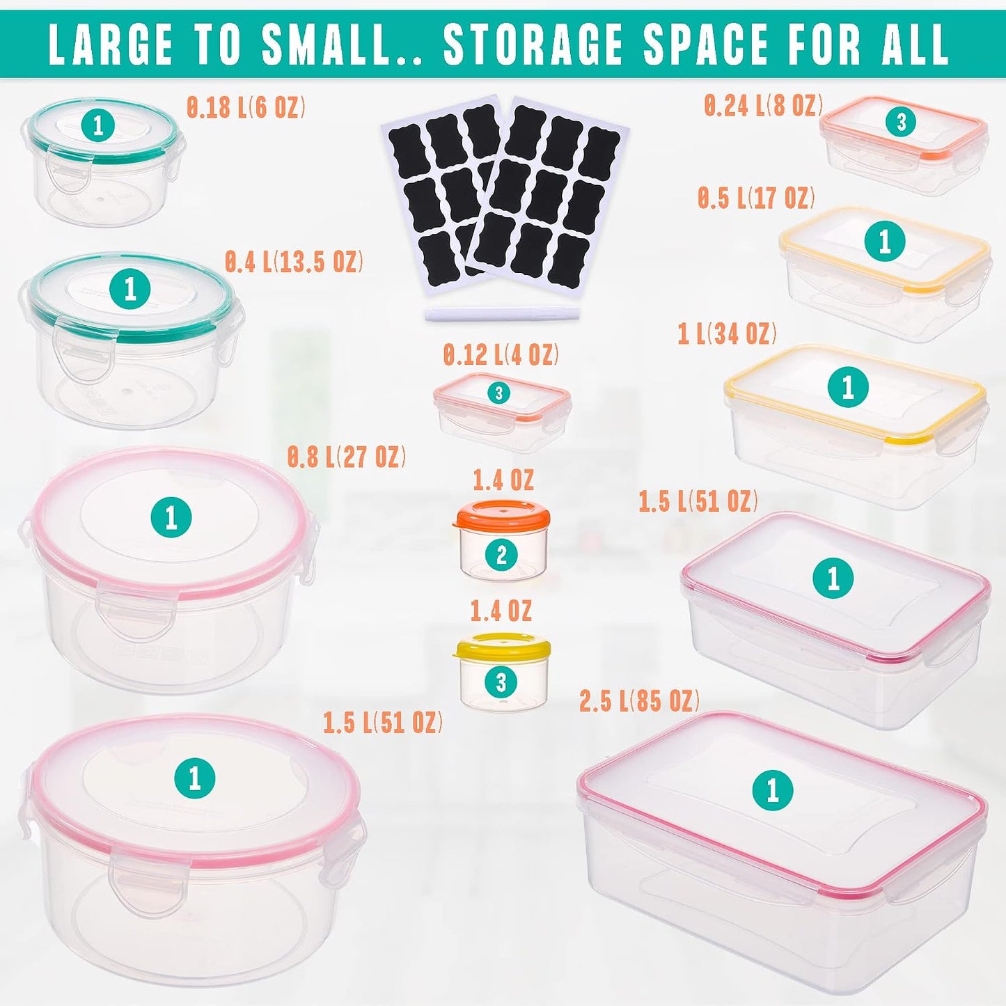 70 Pcs Large Food Storage Containers with Lids Airtight-2500ML to Small Box,Total 22812 ML Stackable Kitchen Bowls Set(35 Containers,35 Lids)-BPA Free Leak proof Plastic Boxes-Microwave safe