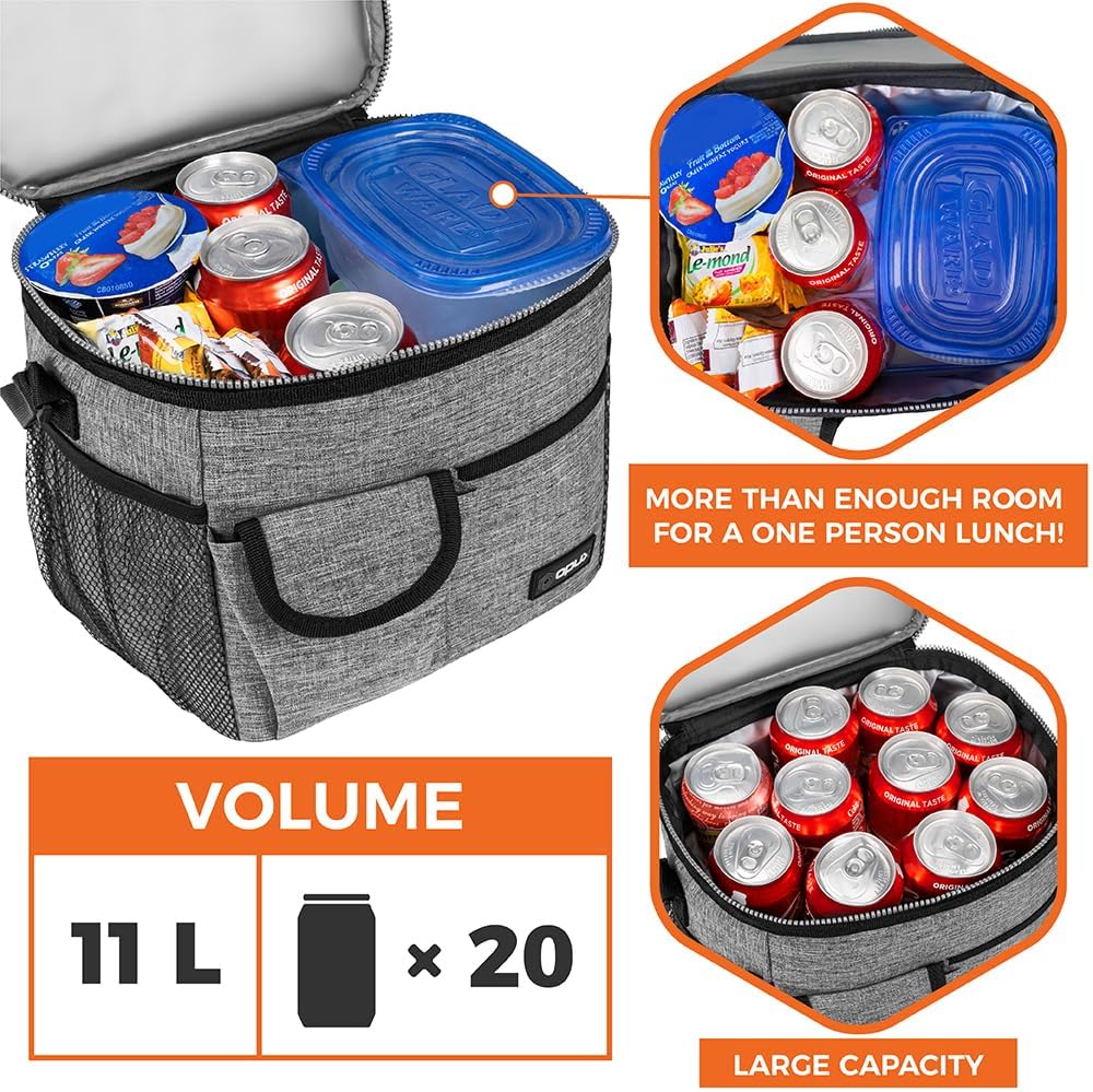 opux Insulated Lunch Bag for Men Women, Leakproof Black Lunch Box for Work, Portable Soft Lunch Cooler Bag with Shoulder Strap, Adult Lunchbox Lunch Pail for Kid Boy Girl School, 14 Can/8L