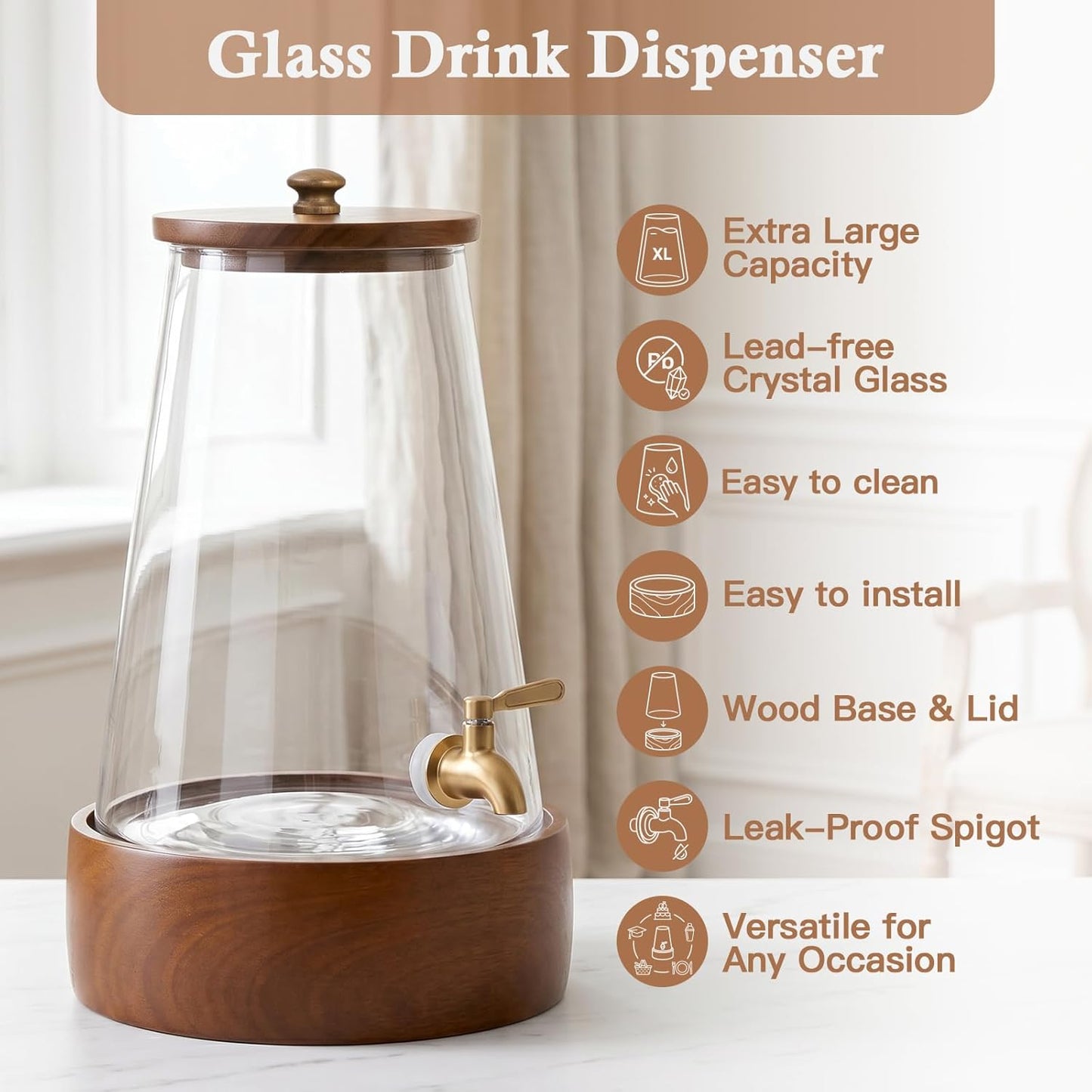 JOVGANK 1.7 Gallon (6.4L) Glass Drink Dispenser with Spigot & Wooden Base - Large Rustic Beverage Dispenser for Parties, Iced Tea, Lemonade, Sangria - Leakproof Drink Pitcher with Base and Lid