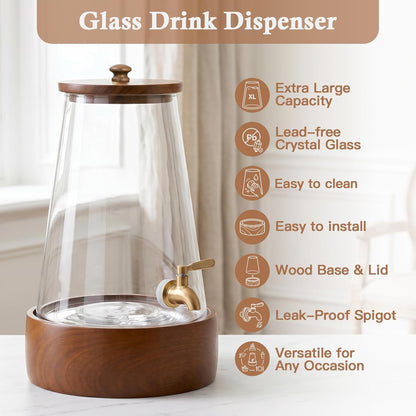 JOVGANK 1.7 Gallon (6.4L) Glass Drink Dispenser with Spigot & Wooden Base - Large Rustic Beverage Dispenser for Parties, Iced Tea, Lemonade, Sangria - Leakproof Drink Pitcher with Base and Lid