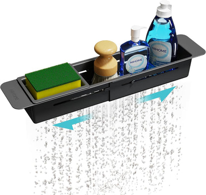 NiHome Extendable Over Sink Kitchen Organizer, Small Telescopic Brush Storage Rack for Sponge, Non-Slip Pads Expandable Sink Caddy, Adjustable Sponge/Brush Rack with Drainage Durable ABS (Dark Gray)