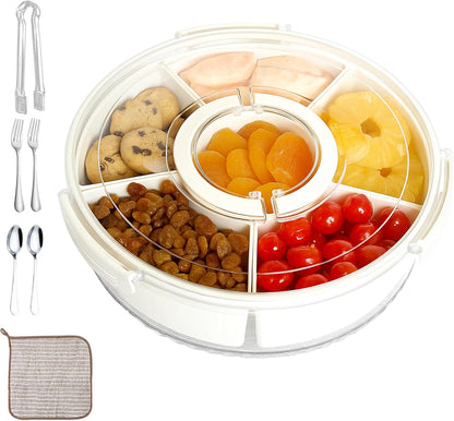 2 Pack Rotating Snackle Box Container with Lid and Handle | 6 Compartments Round Lazy Susan 360° Divided Serving Tray, Portable Clear Organizer for Fruit, Candy, Veggies, Charcuterie, Party & Picnic
