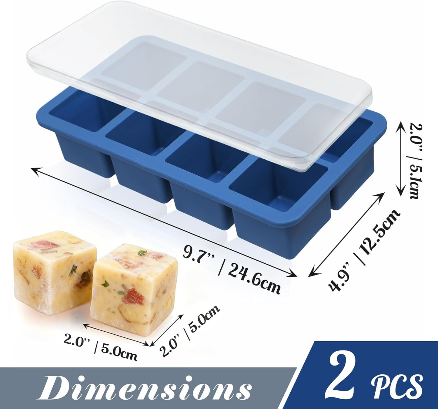 Koluti 2-Pack Nonstick Silicone 3 Soup Freezer Mold, 1-Cup Large Sauce Ice Tray with Plastic Lid, Stackable Freezing Maker Meal Prep Food Storage Container, Dishwasher Safe & BPA Free