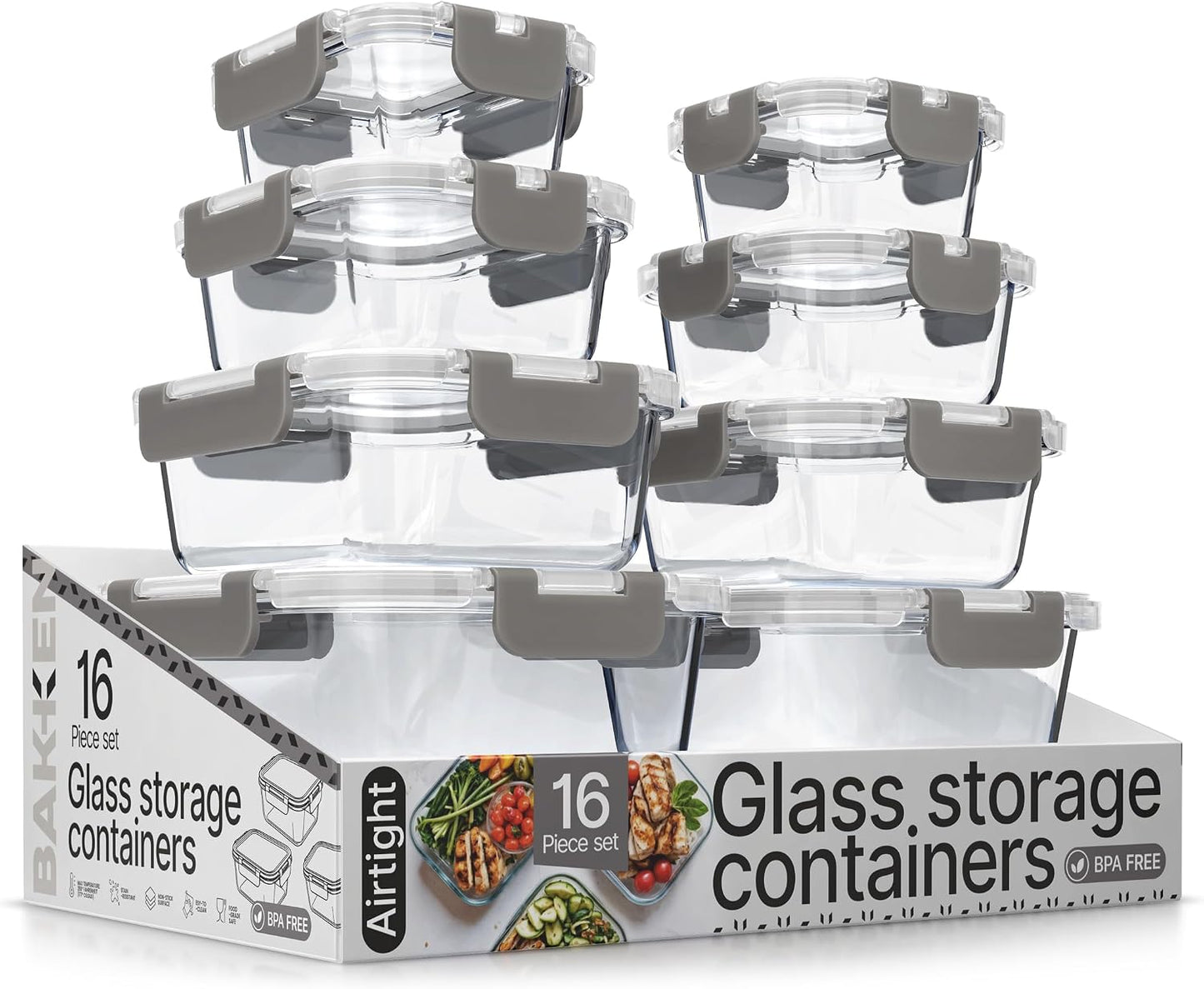 Bakken Borosilicate Glass Food Storage Containers with Lids 16 Pieces, BPA-Free Stackable Lunch & Leftover Containers, Microwave, Freezer & Dishwasher Safe, 100% Airtight Leak-Proof, Gray