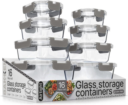 Bakken Borosilicate Glass Food Storage Containers with Lids 16 Pieces, BPA-Free Stackable Lunch & Leftover Containers, Microwave, Freezer & Dishwasher Safe, 100% Airtight Leak-Proof, Gray