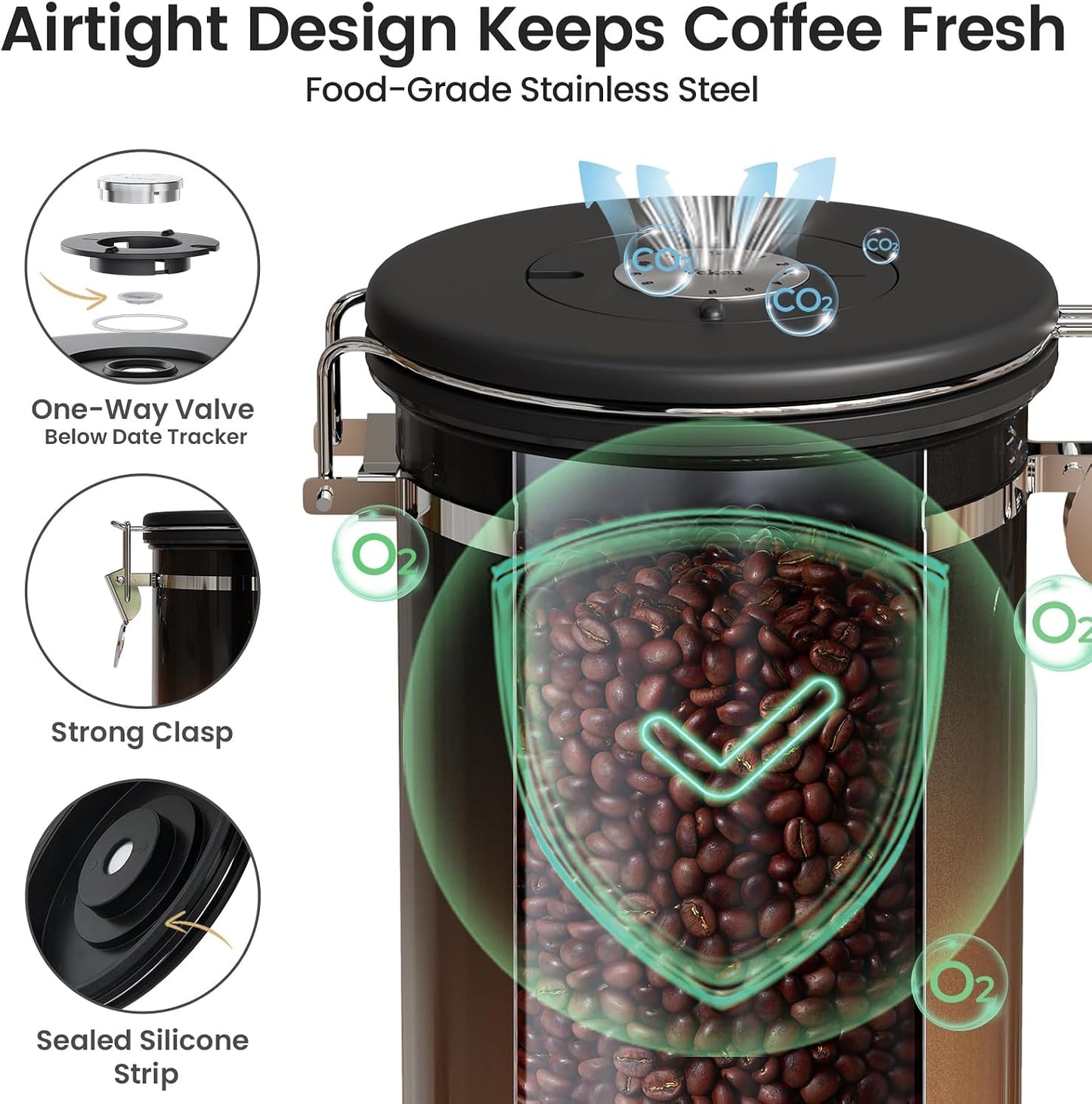 Veken Coffee Canister with Window, Family Choice Awards Winner, Airtight Stainless Steel Home Kitchen Food Storage Container with Lids for Grounds, Beans, Tea, Flour,Cereal,Sugar Jars,Scoop,16OZ,Black