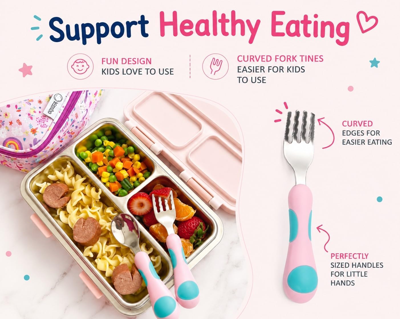 kinsho Toddler Utensils - Kids Silverware Set with Travel Case 3 pack - Stainless Steel Forks Spoons for 1 2 3 4 Years Old. Metal Lunch Box Cutlery for Children Girls, Round Handle, 6 Pieces Pink Blue