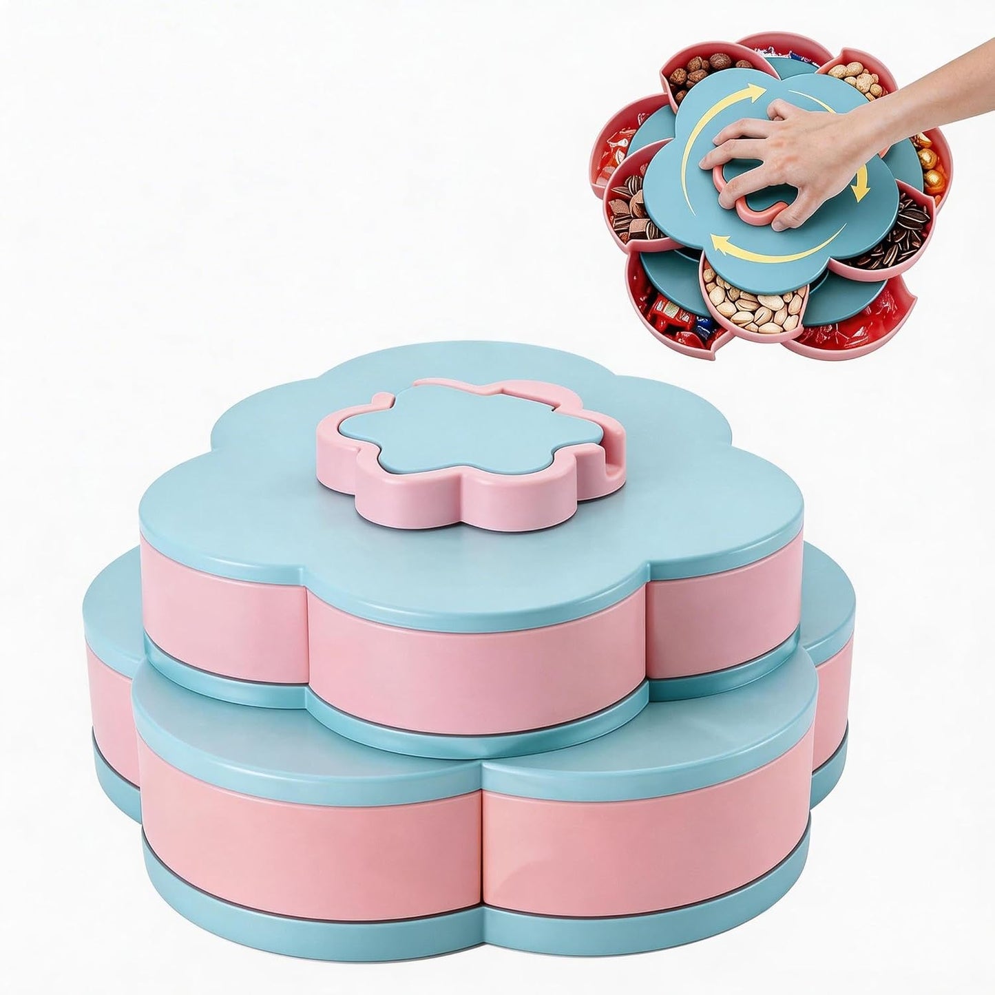 Upgraded Rotating Snack Tray in 2026, 10 Separate Flower Shaped Trays, Detachable Portable Snack Box with lid, Suitable for Parties, picnics, Kitchens, Candies, Nuts (Light Blue)