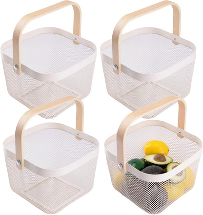 IBWell Square Metal Wire Woven Fruit Storage Bowl Basket with Wooden Handle, Large Black Mesh Fruit Stand, Multi-function Hanging Kitchen Baskets (White, Normal)