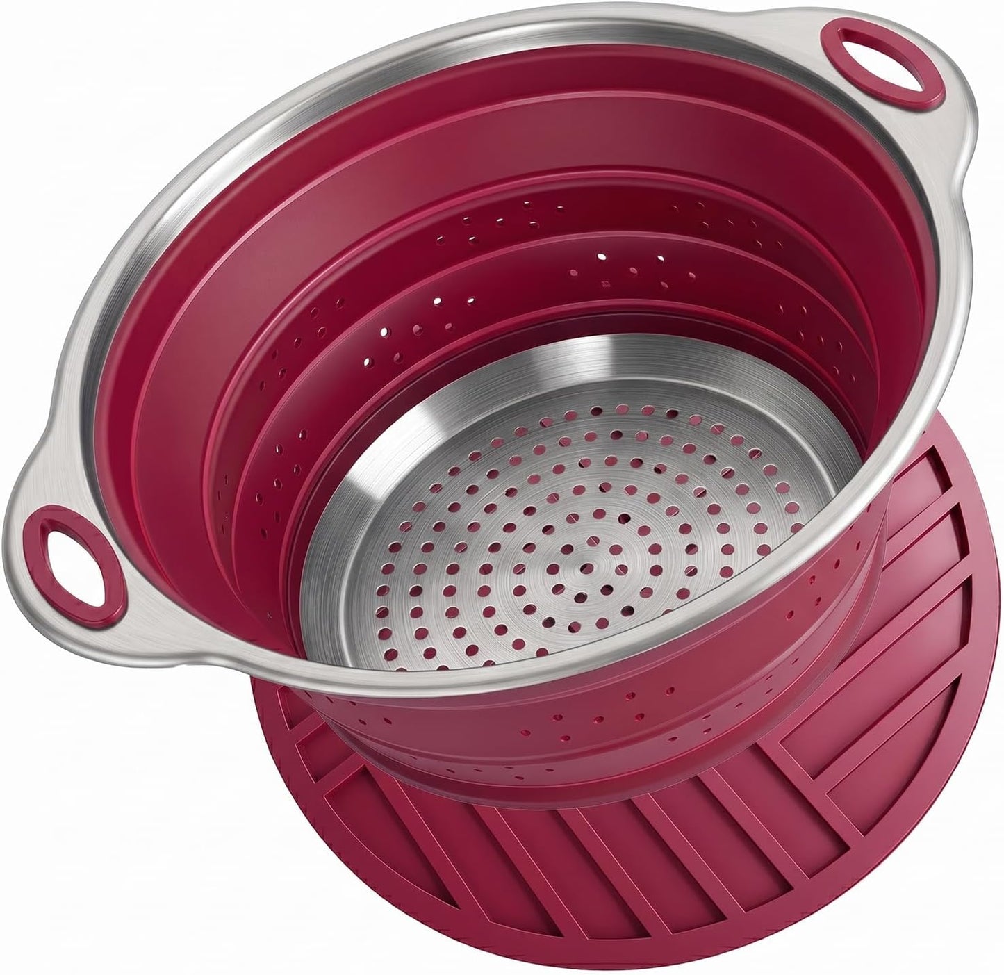 Collapsible Colander Set with Silicone Mat,2-in-1 Stainless Steel Colander for Kitchen, Foldable Metal Colander, Space-Saving for Pasta Veggies Fruit(NAVY BLUE)