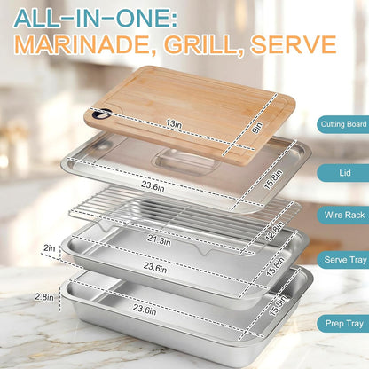 Gisafai 20 x 14 Inch Large Grilling Prep and Serve Trays 5-in-1, Stainless Steel Food Prep Tray Set Grill Carry System Marinade Container with Lid Cooling Rack Gifts for Outdoor BBQ Accessories