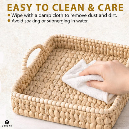 Set of 3 Beaded Hand-Woven Water Hyacinth Storage Baskets – Rectangular Wicker Baskets for Organizing Shelves, Pantry & Home Decor – Eco-Friendly Basket Storage with Sturdy Handles